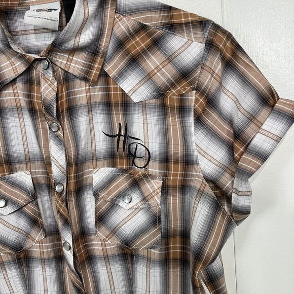 Harley Davidson Plaid Shirt Women's Medium Embroidered Western Cut Pearl Snap - Picture 2 of 8